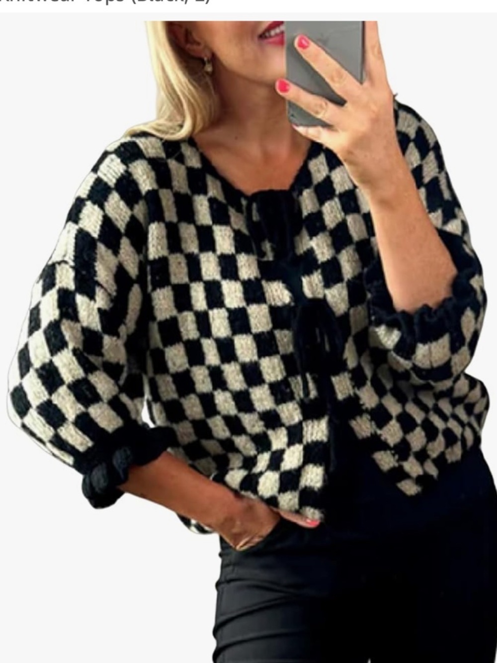 Tie Front Cardigan Black White Check Crew Neck 3/4 Ruffle Sleeve Size Large